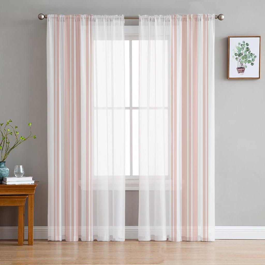 Geometric Blue Stripe Chiffon Sheer Curtains Used for Family Rm Room Area Bedroom Home Decoration Window Voiles Tulle Curtain
