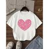 European Sizes Pink Heart Pattern Print, Girls' Summer Comfortable Short-sleeve T-shirt, Cute Children's Top for Daily Outings, Printed Design