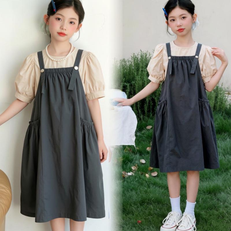 Girls' Bubble Sleeve Strappy Dress Set - 2026 New Summer Style, Medium & Large Cotton Skirt, Solid Color Sweet Two-Piece.