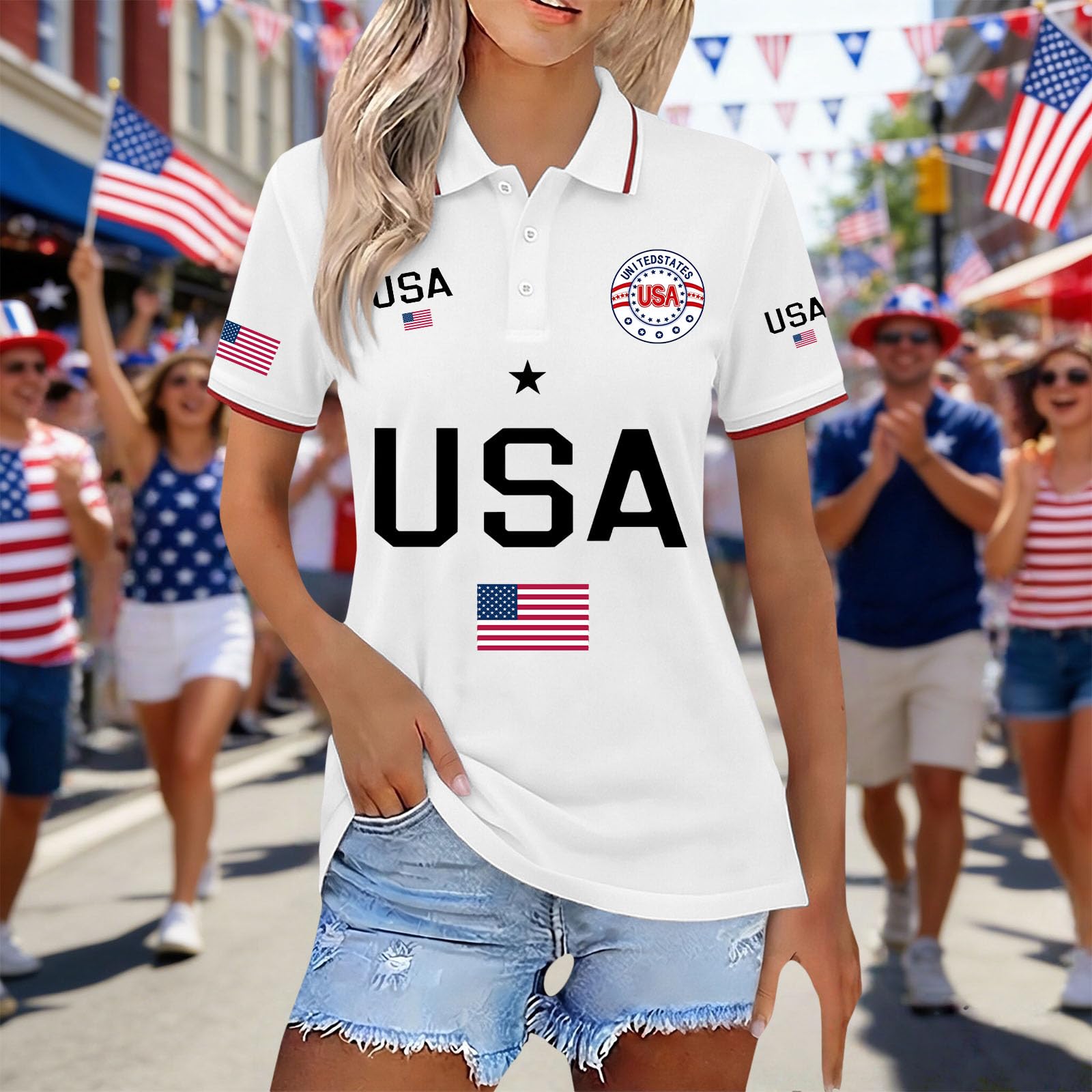 

Anniversary USA Shirt For Woman Patriotic USA Flag T-shirt Size Button Up Lapel Shirts Tops XL білий