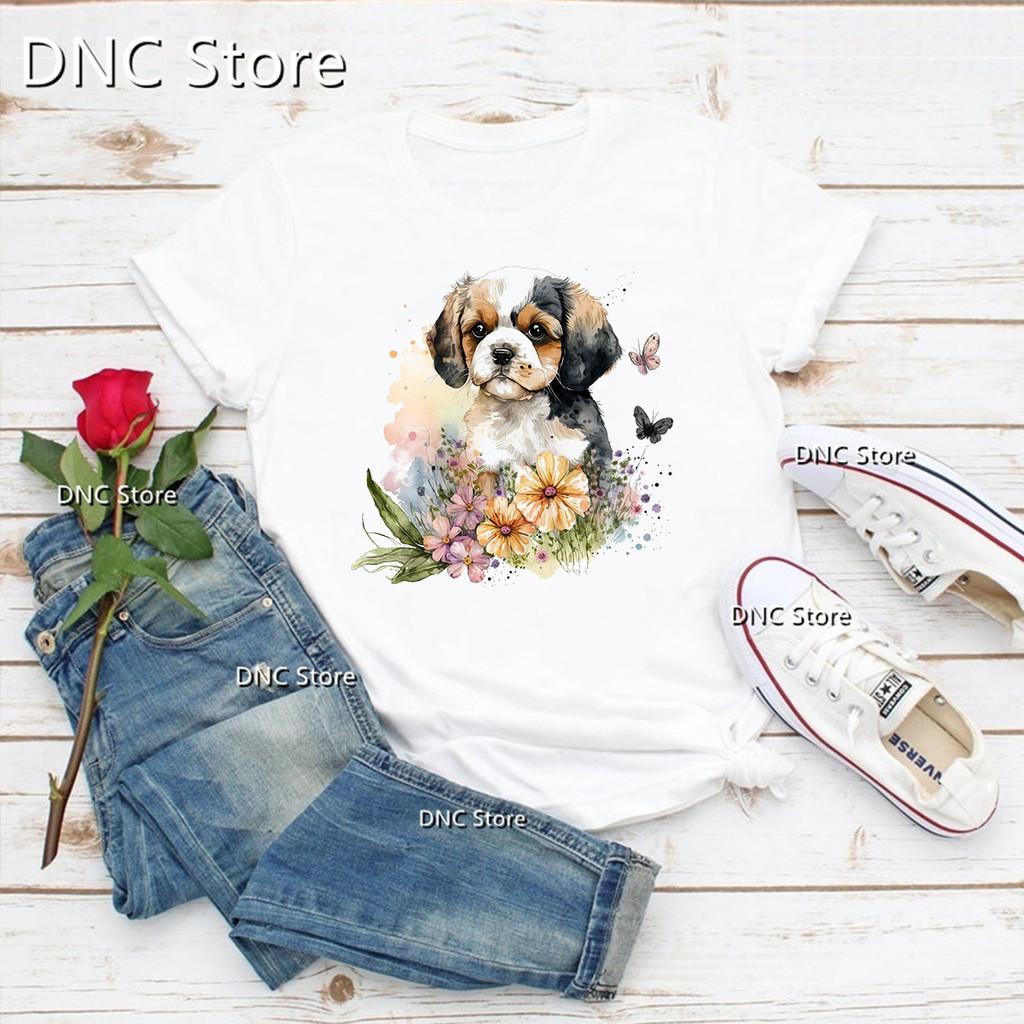 Femme Tshirt Funny Hat Wearing Watercolor Print Dog Cute Animal Print Tshirt Women Fashion Trend 90s Tshirt Dog Lover Tshirt