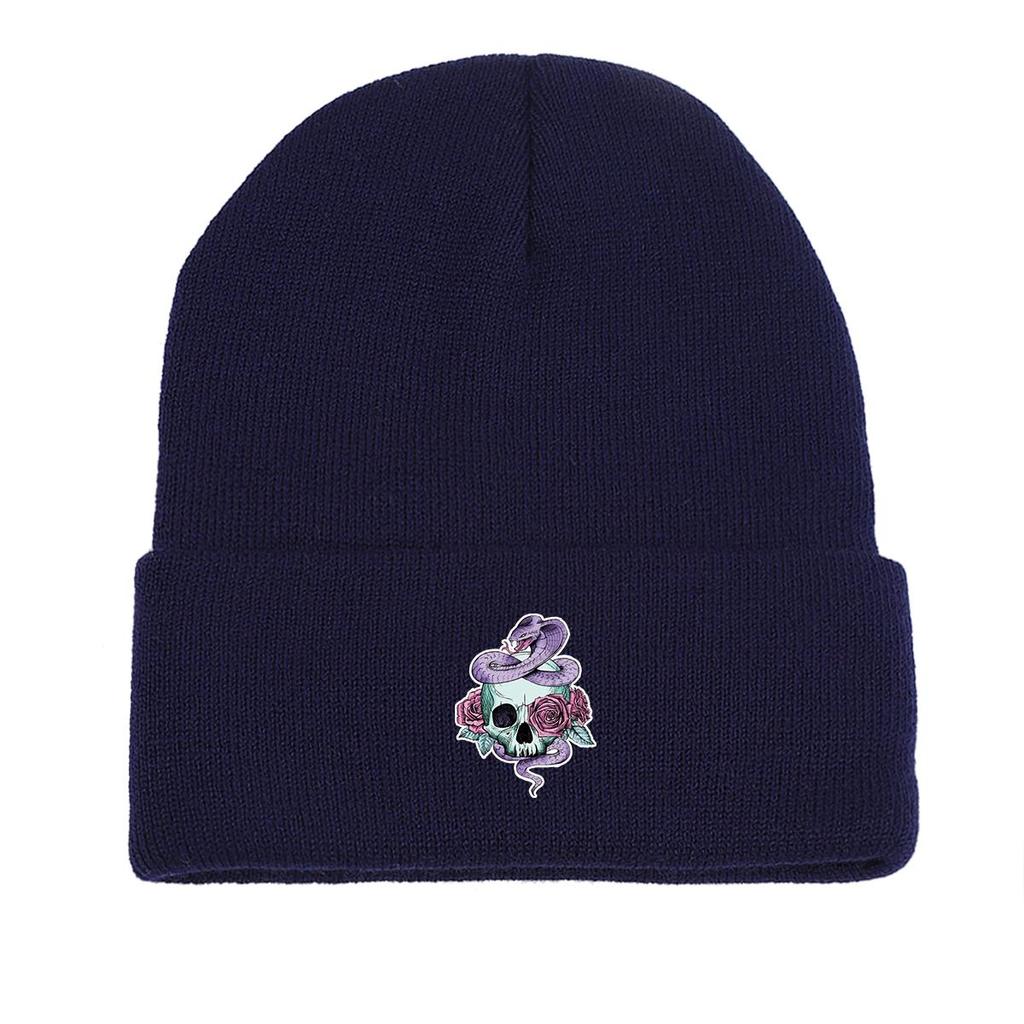 Skull Snake Rose Warm Knitted Cap Beanie, Scary Animal Woman Cap Cozy Slouchy Solid Bonnet Knitted Cap Beanie