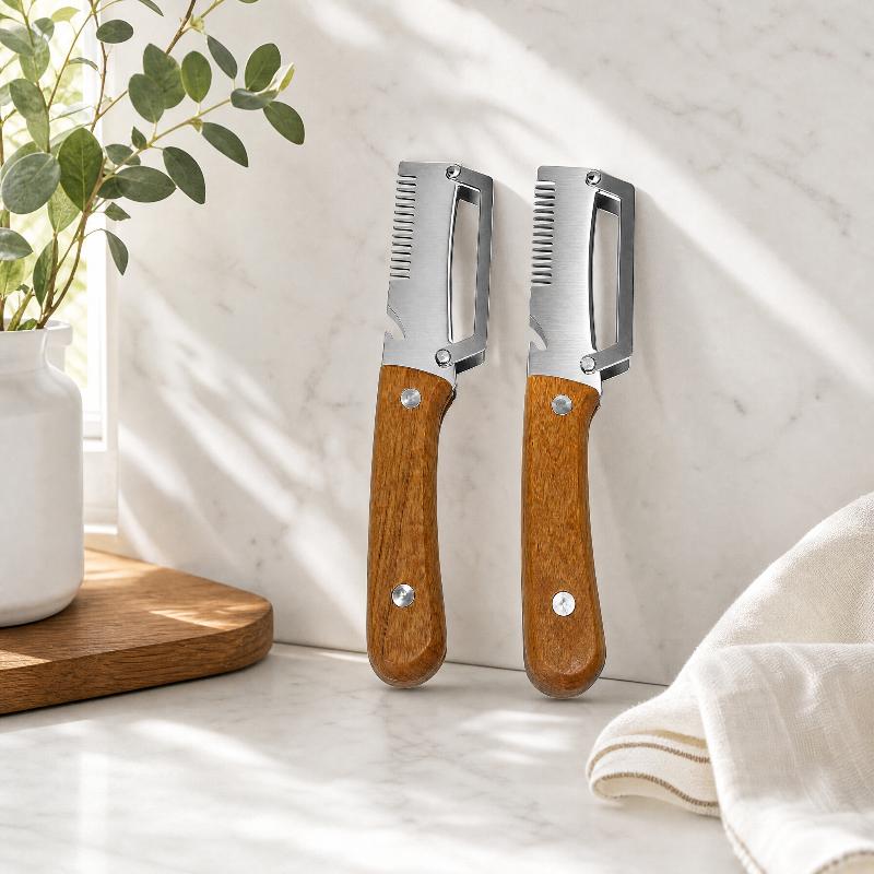Multi-Functional 3-In-1 Stainless Steel Serrated Vegetable Peeler With Wooden Handle Slicer Bottle Opener Kitchen Tool