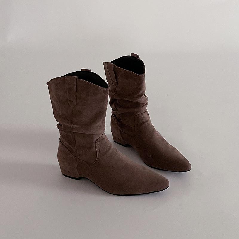 Fashion retro versatile pleated piled boots women's 2025 autumn and winter new matte leather pointed low heel western boots