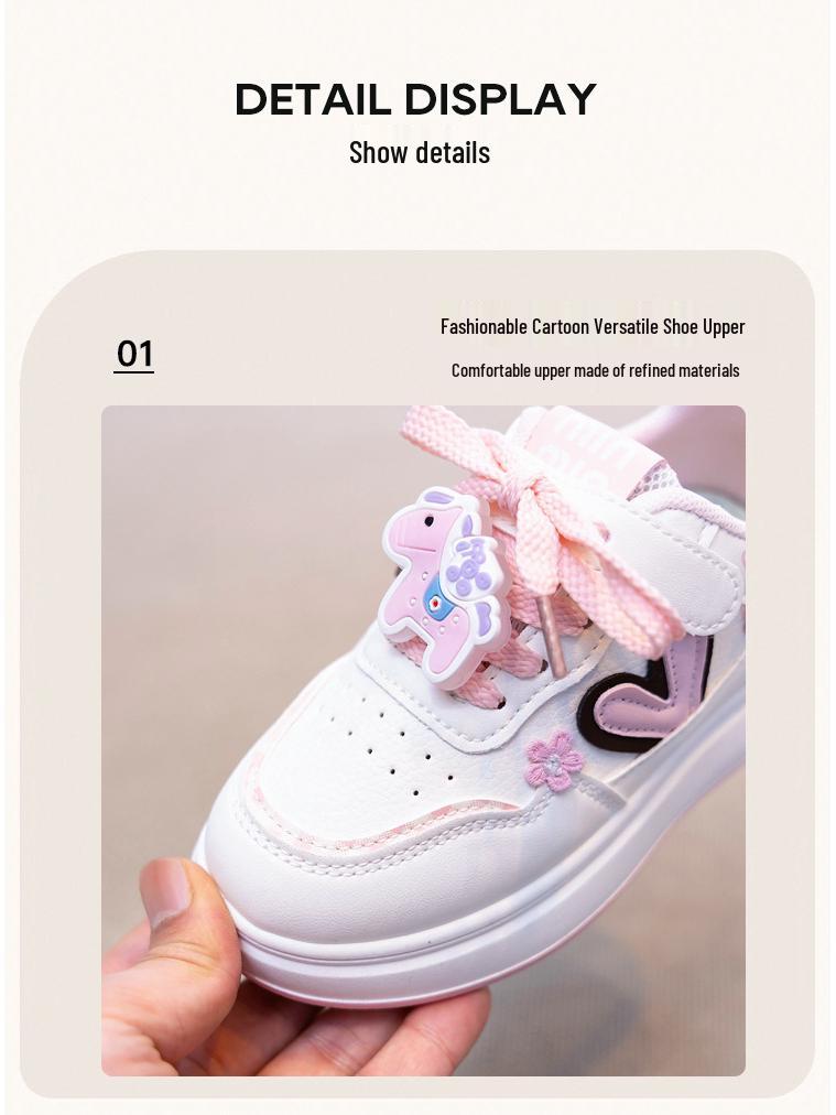 Girls' 2026 Spring Leather Casual White Cartoon Sneakers with Soft Soles