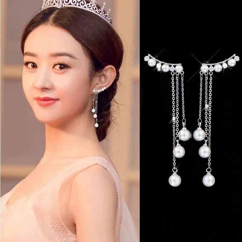 Zircon Earrings Long Pearl Chain Tassel Dangle Earrings Fashion Elegant Women Weeding Party Jewelry Gift Accessories