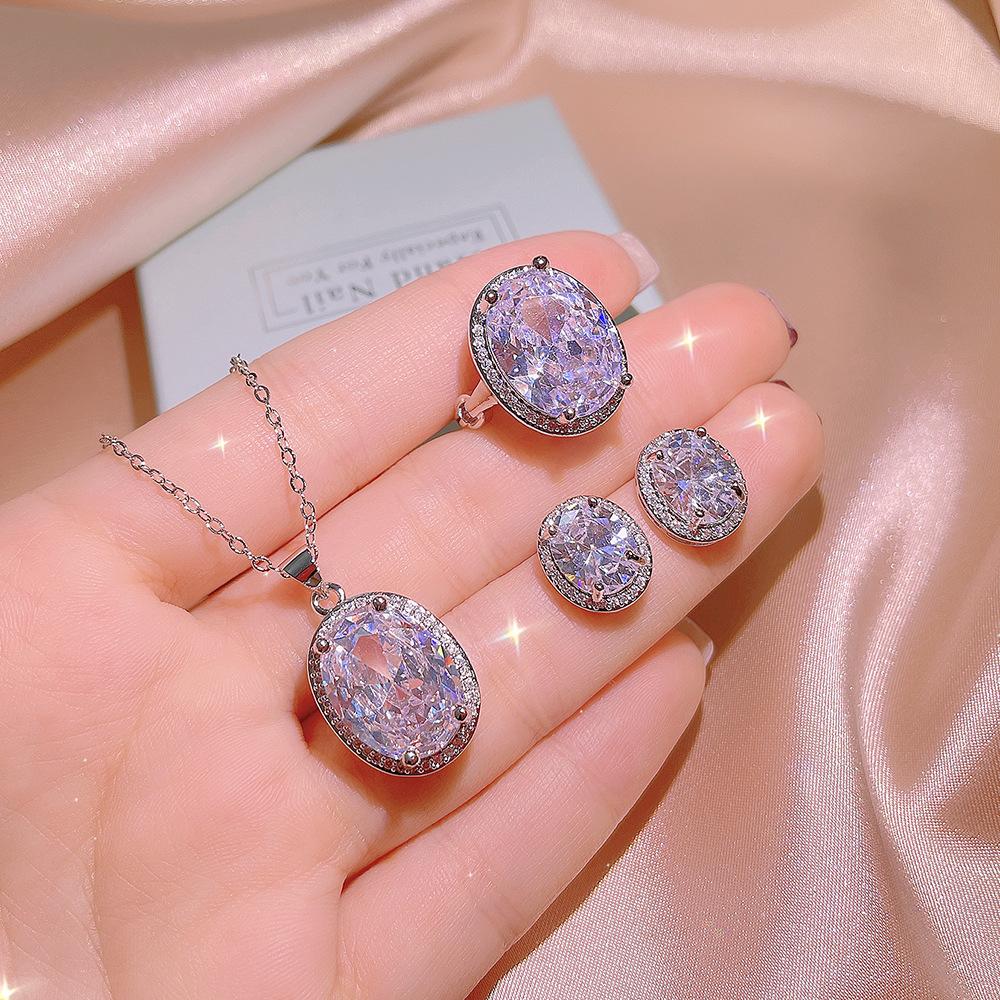 2026 Three-piece Oval Zircon Luxury Ring, Necklace Pendant Earrings Set 45CM