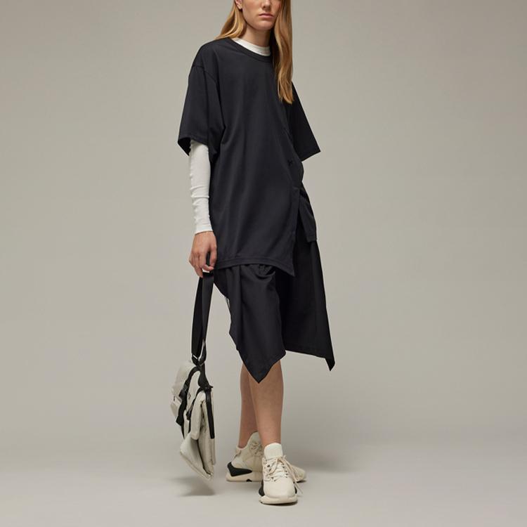 Y-3 Solid Color Irregular Hem Round Neck Short Sleeve T-Shirt Unisex Tops Black IN4377
