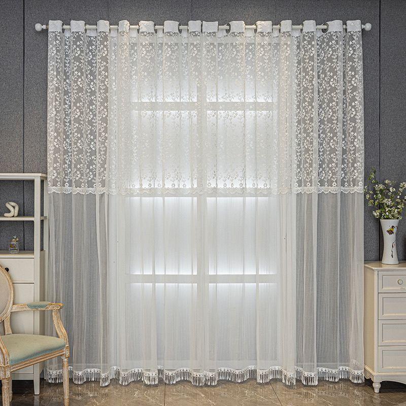 Cortina Voil Bordada Linda, Cortina Voil Fina Translúcida Branca Bordada com Flores Pequenas Simples em Estilo Europeu