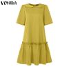 VONDA Elegant Women Casual Lapel Neck Short Sleeve Solid Color Ruffled Dress
