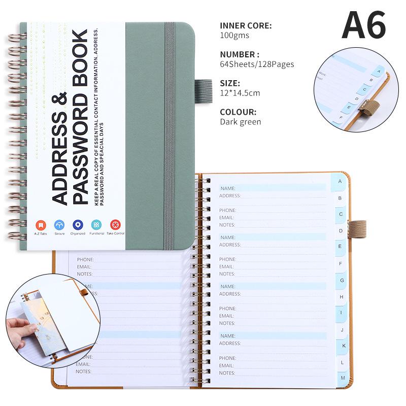 A6 Password Coil Notebook with Custom Letter Tabs & Logo for Business Meetings