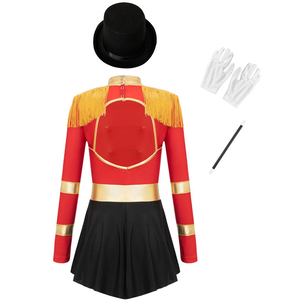 4Pcs Kids Girls Circus Magician Costume Complete Set: Long Sleeve Jumpsuit with Keyhole Back, Top Hat, Gloves & Wand for Halloween Show