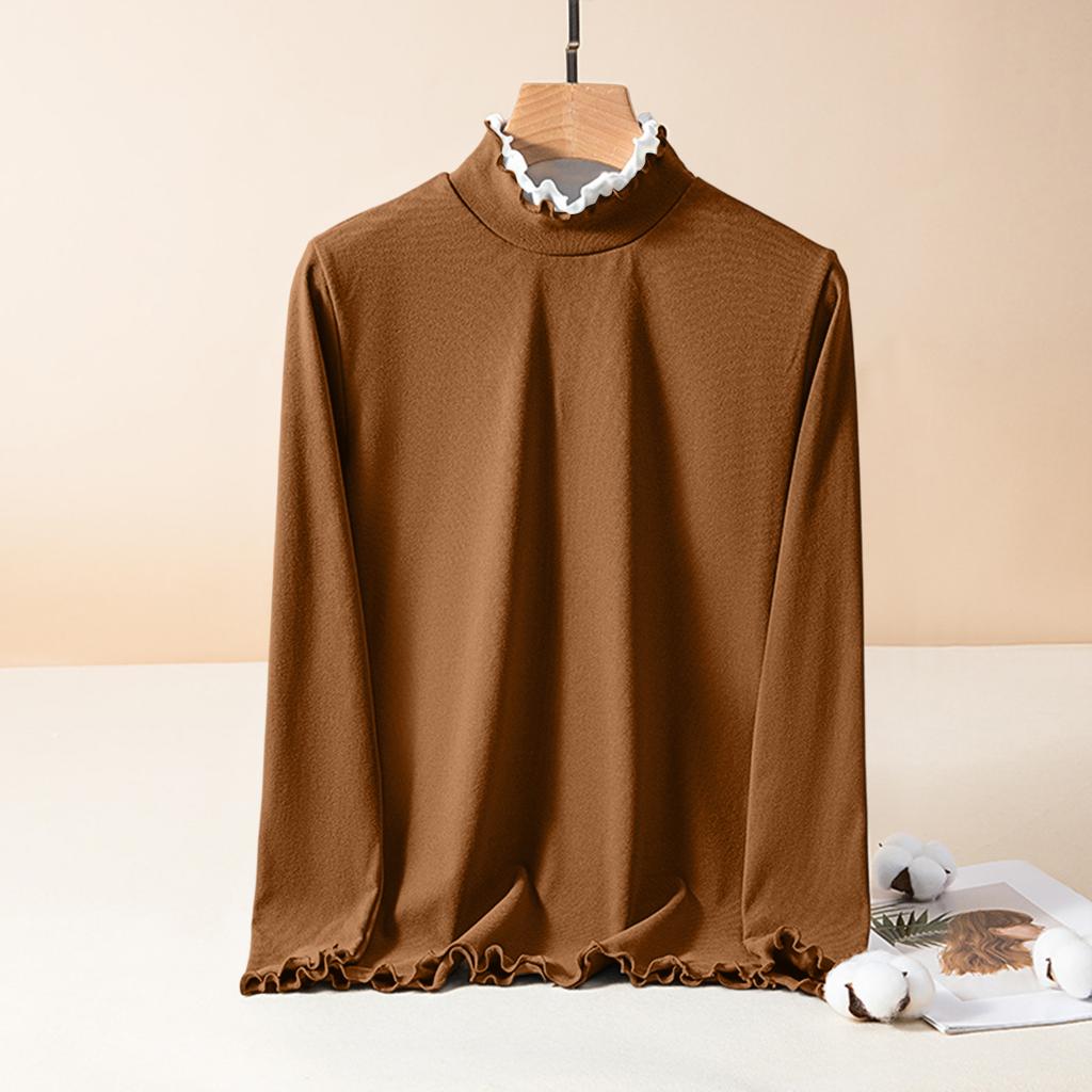 Ladies' Slim Fit Pullover Shirt With Lace Collar, Black Fungus Edge, German Velvet Long Sleeved Base, Top