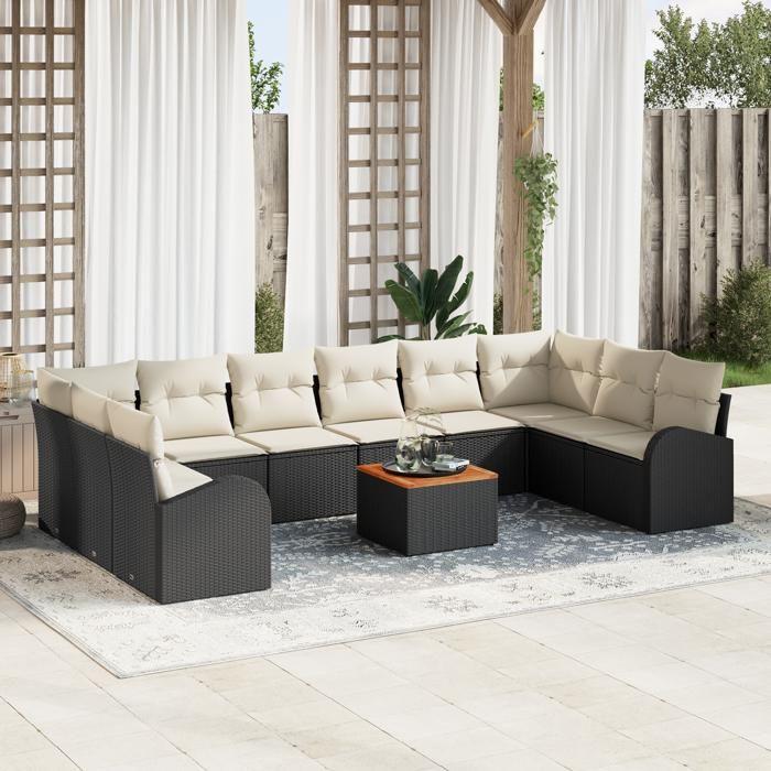 VidaXL Ensemble de canapés de jardin 11 pièces avec coussins Noir Poly Rattan Acacia 3347628