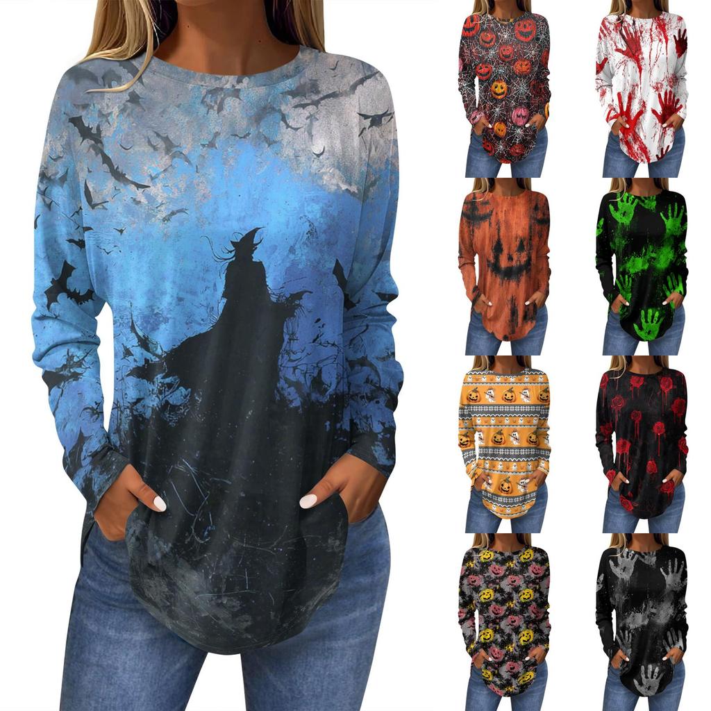 Women's Loose Fit Long Sleeve T-Shirt with Retro Halloween Print, Neck Pullover Top