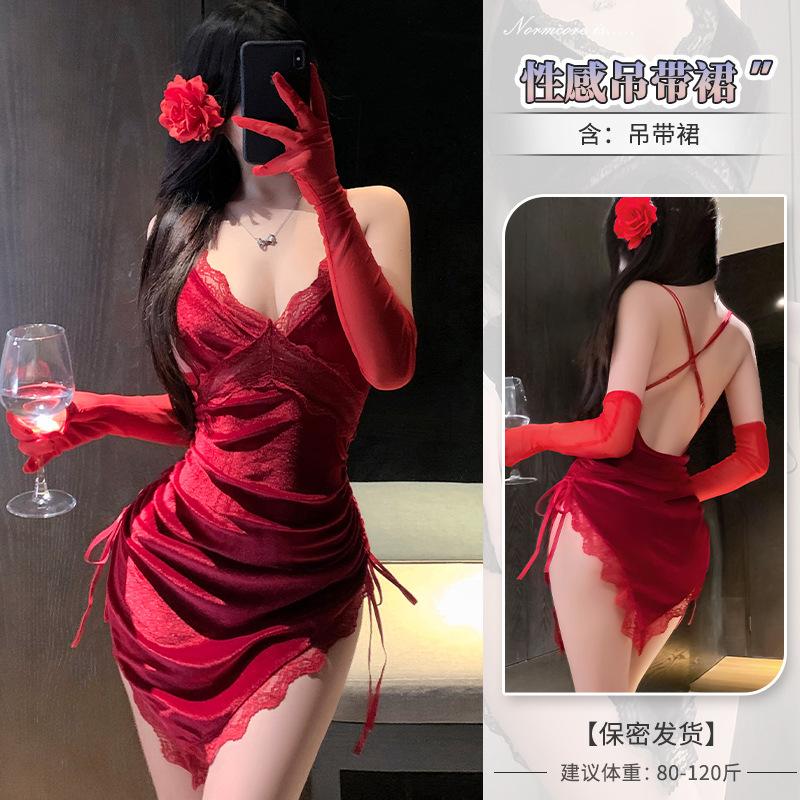 Sex underwear deep V suspender lace suspender nightdress waist drawstring hip wrap nightclub velvet skirt temptation suit