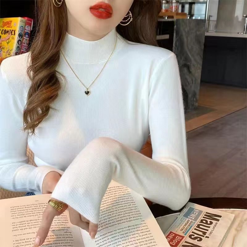Женский вязаный джемпер осень-зима с полувысоким воротом, тонкий, с длинными рукавами, свитер, женская трикотажная нижняя рубашка S белый
