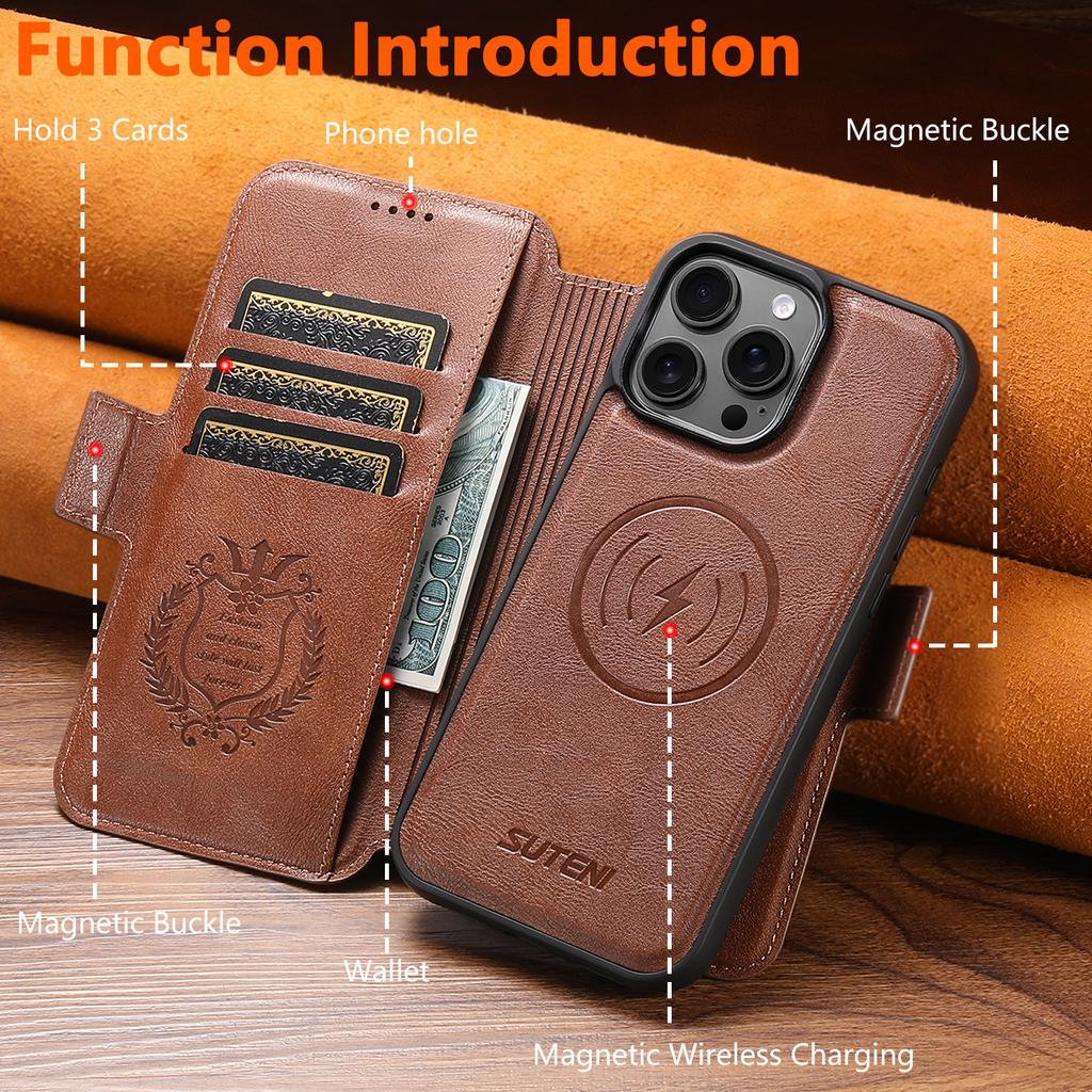 SUTENI Q-07 For iPhone 15 Pro Case Magnetic Color Splicing Cowhide Texture Leather Cover