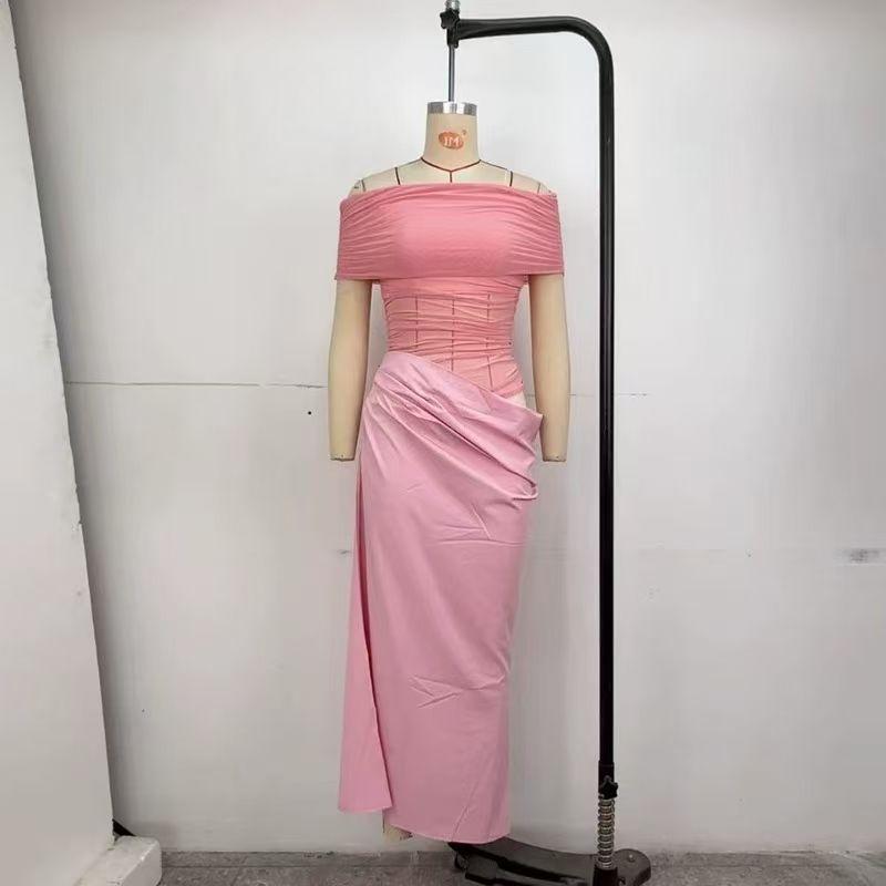 

Western Style Sexy Mesh Patchwork Waist-Exposed Slim fit Pleated Dress Perspective Hollow Dress Pink S