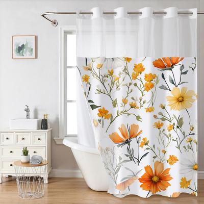 No Hook Yellow Floral Shower Curtain With Snap-in Fabric Liner, Sheer Top Window, Waterproof Double Layer Bathtub Curtain