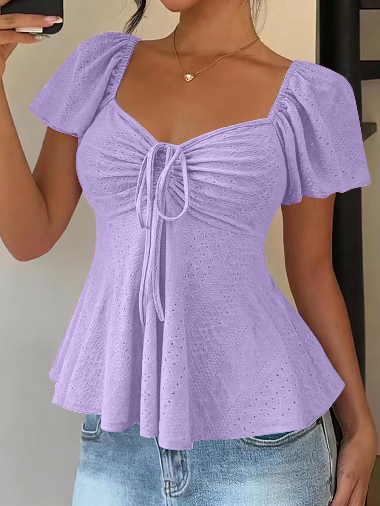 2026 Summer V-neck Drawstring Waist Sexy Short Sleeve Plain T-shirt for Women