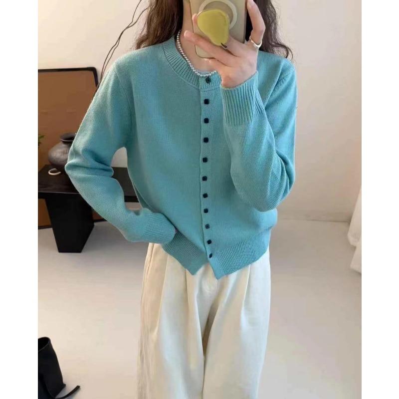 Simple Temperament Round Neck Single-breasted Knitted Cardigan Women's Soft Waxy Skin-friendly Long-sleeved Versatile Knitted Cardigan