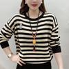 Fashion Striped Embroidered Round Neck T Shirt Loose Fit Womens Spring Autumn Top Slimming Mom Wear