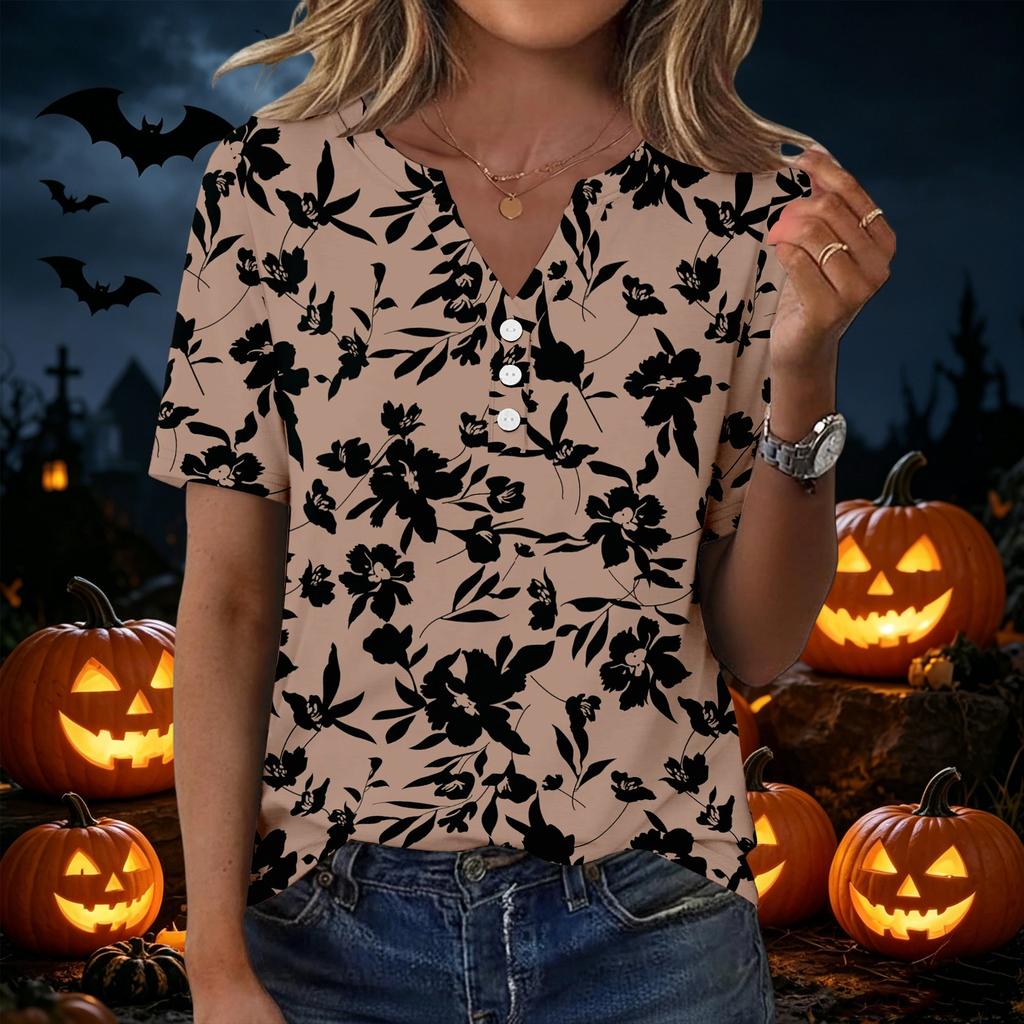 Women's Halloween Printed V-Neck Short Sleeve T-Shirt with Pocket, Loose Fit