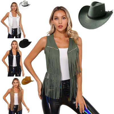 Costum de cowgirl de vest pentru femei, vestă din piele întoarsă artificială, vestă cu pălărie de cowboy cu franjuri, ținute de petrecere tematică retro hippie cosplay