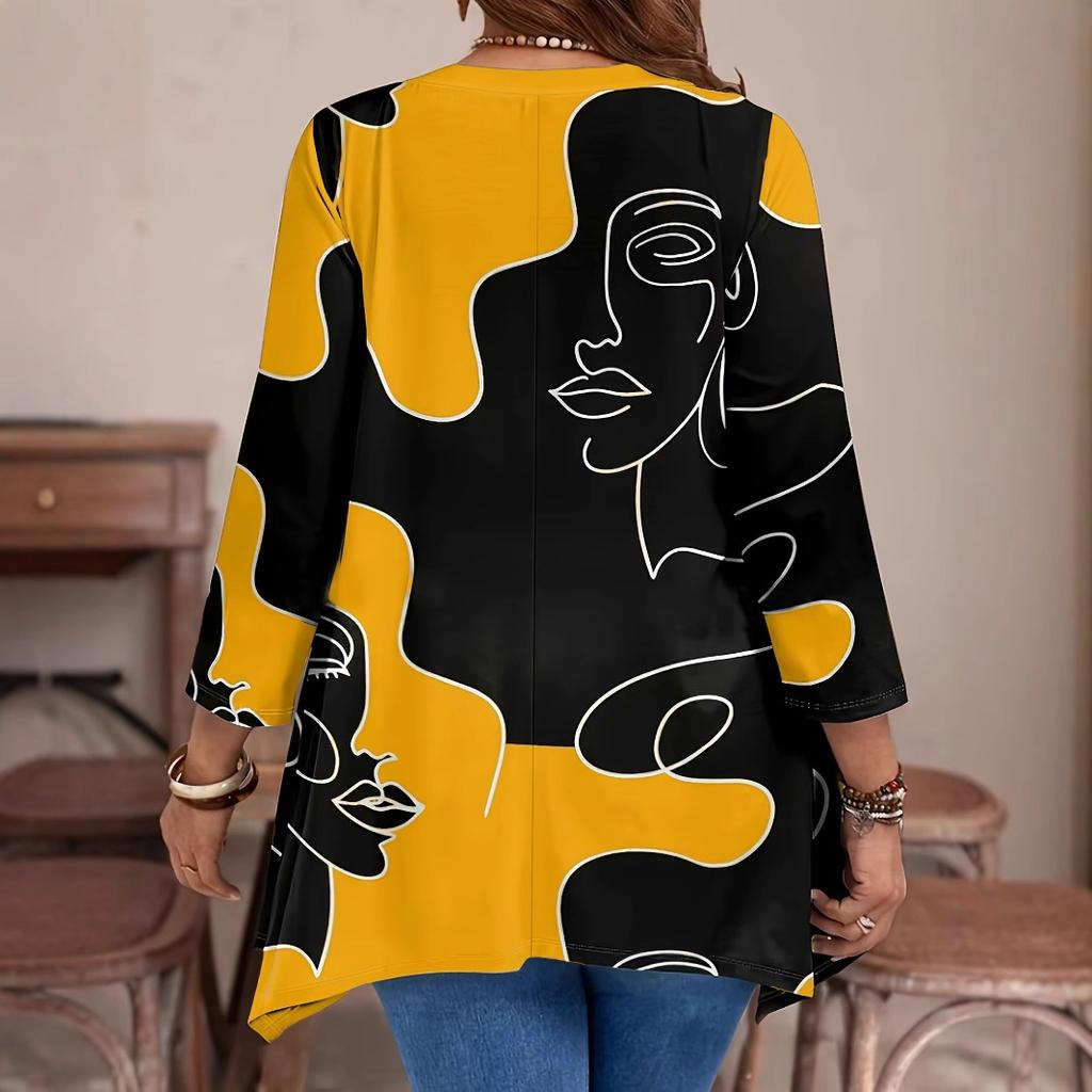 Creative Face Pattern Printed Top Casual Round Neck Long Sleeve Large Size Women’s T-Shirts