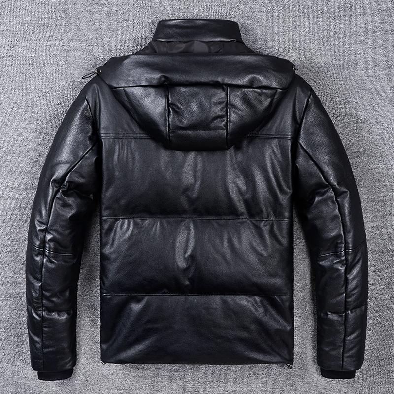Wide Shoulder Thick Soft Men Genuine Cow Leather Duck Down Coat Removable Hood Warm Winter Jacket Cowhide Leather Men's Clothing