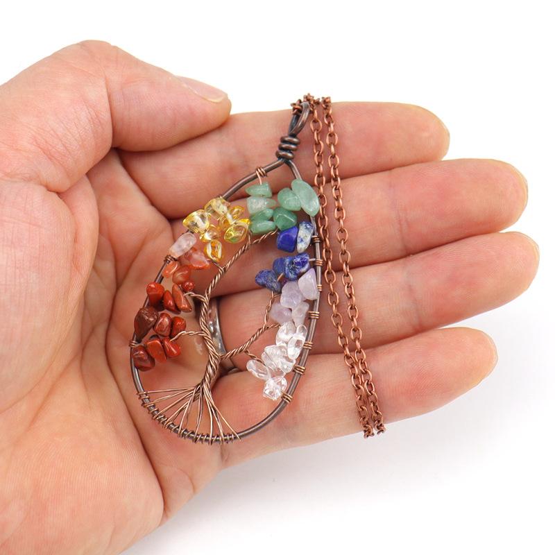 Ancient Red Copper Winding Natural Stone Crystal Water Drop Shaped Tree Of Life Necklace Colorful Stone Pendant N29