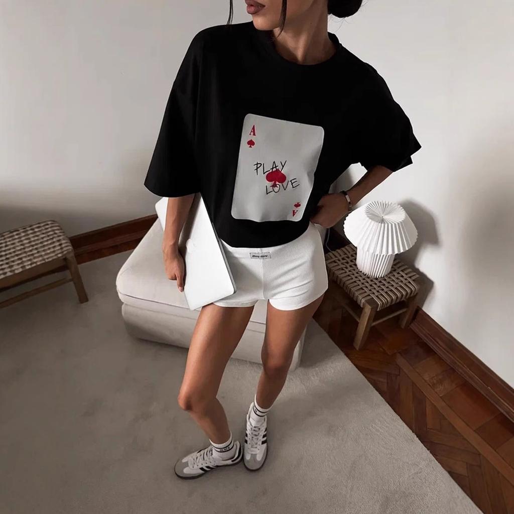 American Retro Y2k Pure Cotton Printed Unisexs Tshirt Top 2026 Summer New Poker A Letter Couple Short Sleeved T Shirt Tops