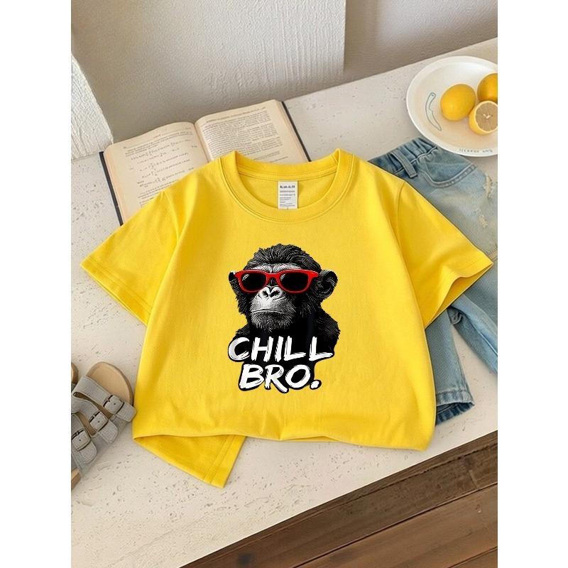 European sizes Boys' T-shirt Chimp Wearing Red Fashion Glasses Chill Bro, Ideal for Outdoor Activities, Soft Knitted Top, Comfortable And Breathable