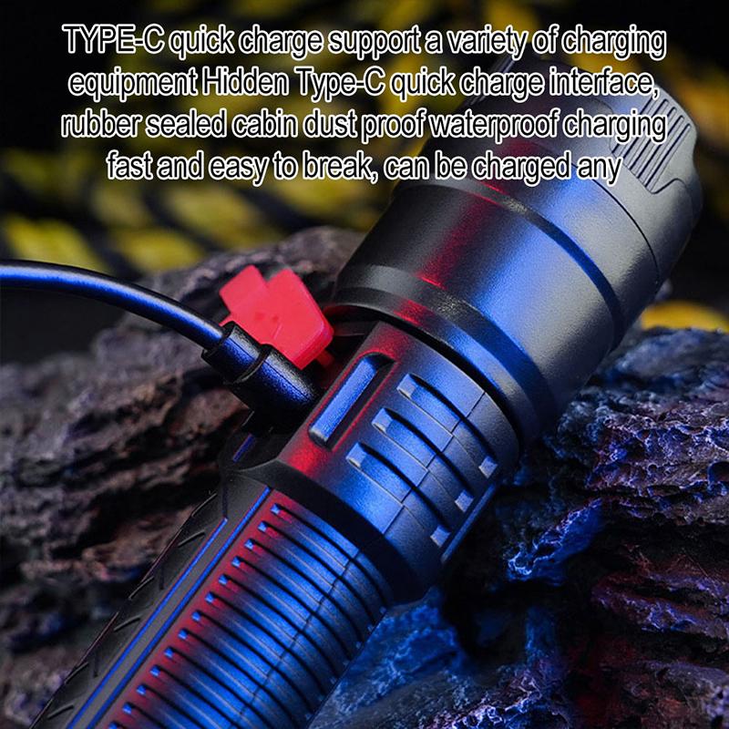 Led Flashlight Built-In Battery Usb Rechargeable Strong Light Torch Outdoor Camping Hiking Lantern