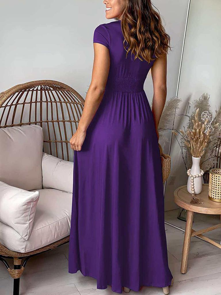 Women's Deep V-neck Pleated High-waisted Slit Evening Gown