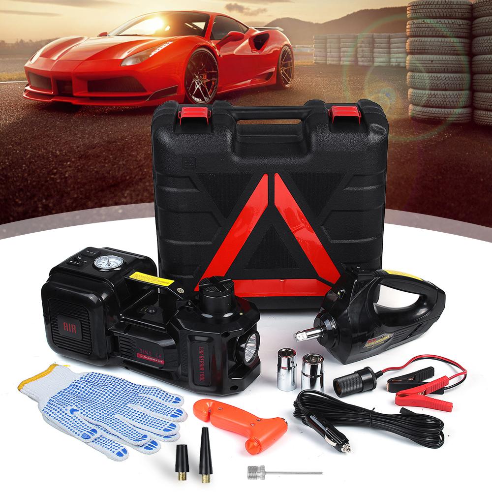 Car Jack 5T Electric Hydraulic Floor Jack Tire Inflator Pump LED Light Electric Impact Wrench Car Repair Tool 45cm 3 in 1 150W DC 12v
