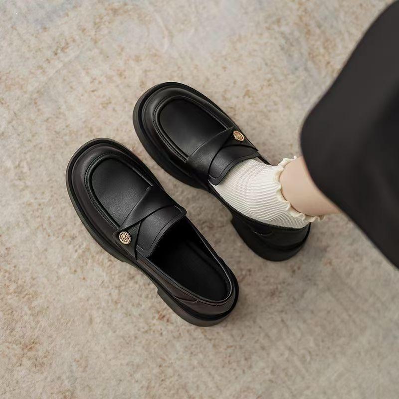 Loafers Women's 2025 Autumn Women's Shoes Small Gold Coin Single Shoes Thick Heel New British Camellia Pedal Small Leather Shoes