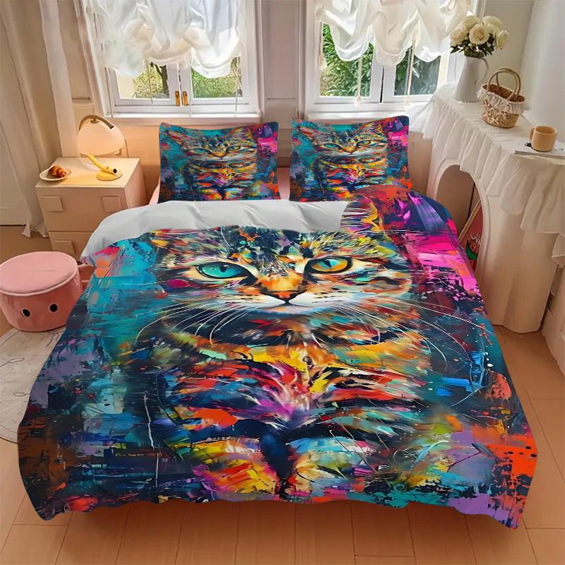 3pcs Colorful Cat Art Print Duvet Cover Set - Includes 1 Duvet Cover and 2 Pillowcases, No Quilt Core, All-Season Home Decor Yy251111058
