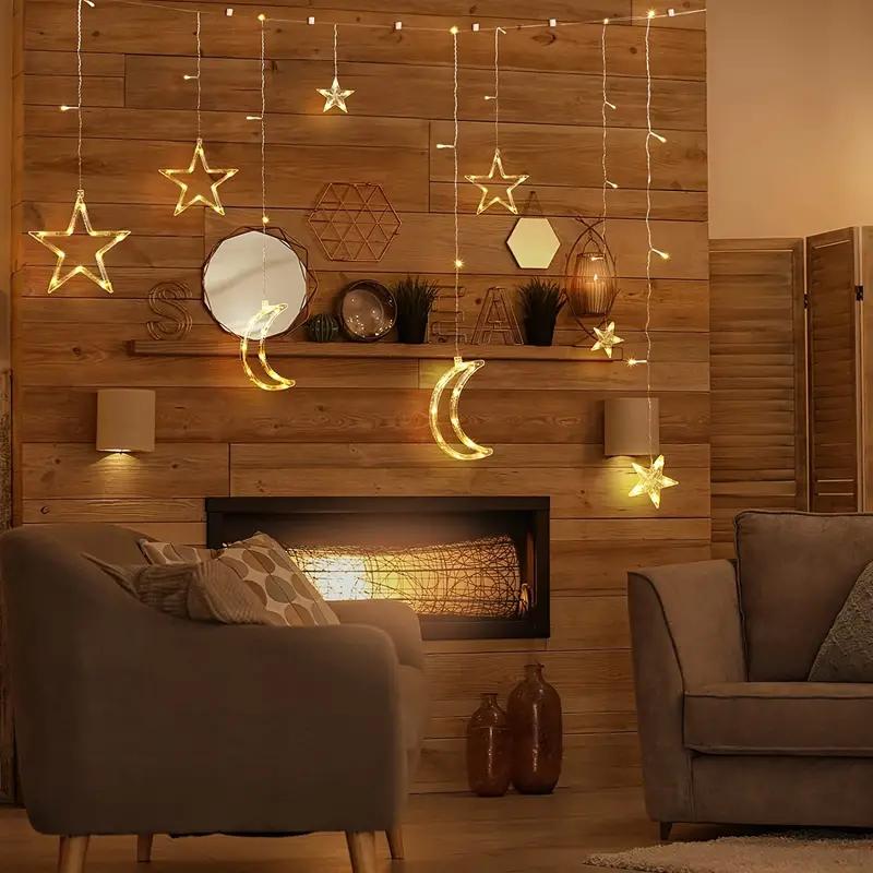 Star and Moon Hanging LED Curtains String Lights Battery Powered Twinkling Fairy String Lights Warm White Christmas Holiday Gift