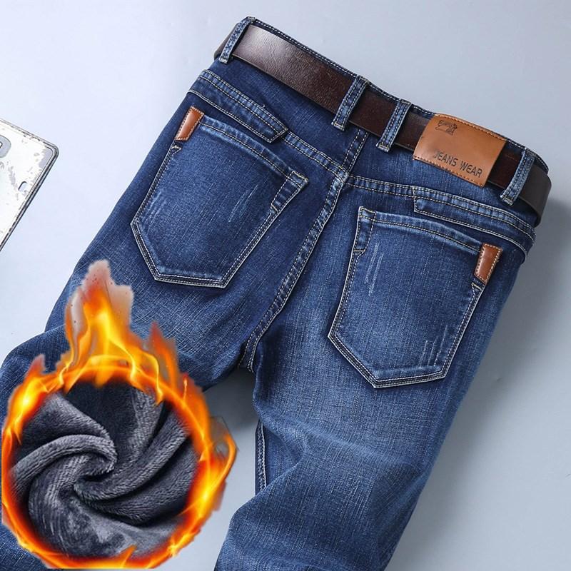 Men's Fleece-Lined Denim Trousers - Autumn/Winter Style Relaxed Straight-Leg Casual Slim-Fit Long Trousers for Men