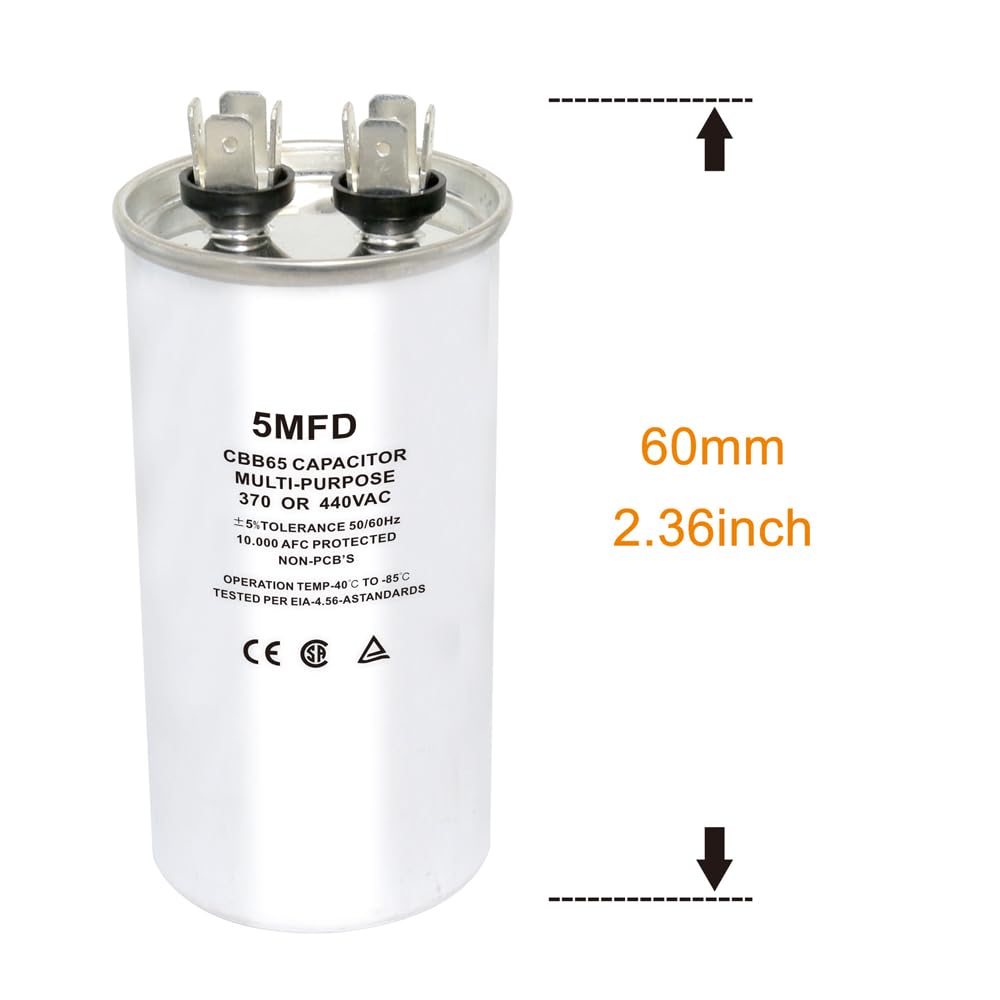 CBB65 Circular Run Capacitor, 450VAC 5 uf/MFD 50/60Hz Round Start Capacitor - Very Suitable for Air Conditioning, Fan Capacitor, Etc. (5 Uf)