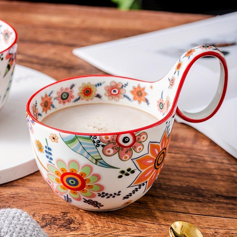 [Ceramic | Bohemian Floral] Microwave Safe Ceramic Coffee Cup |Oval-Shaped | Perfect for Afternoon Tea, Desserts,Single Cup (No Spoon Included)