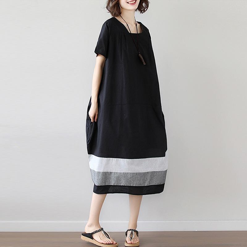 Summer Korean Oversized Loose Patchwork Striped Cotton Linen Short Sleeved Dress for Women Medium Length Casual Dresses