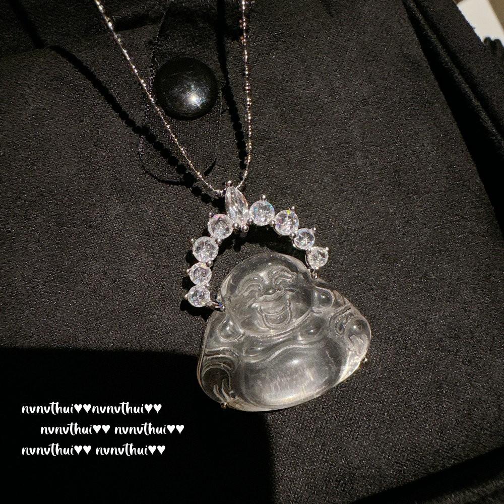 Lychee Frozen White Chalcedony Petal Buddha Gong Pendant Necklace, New Chinese Style, Ice Permeable Foam Jade Maitreya Buddha Necklace