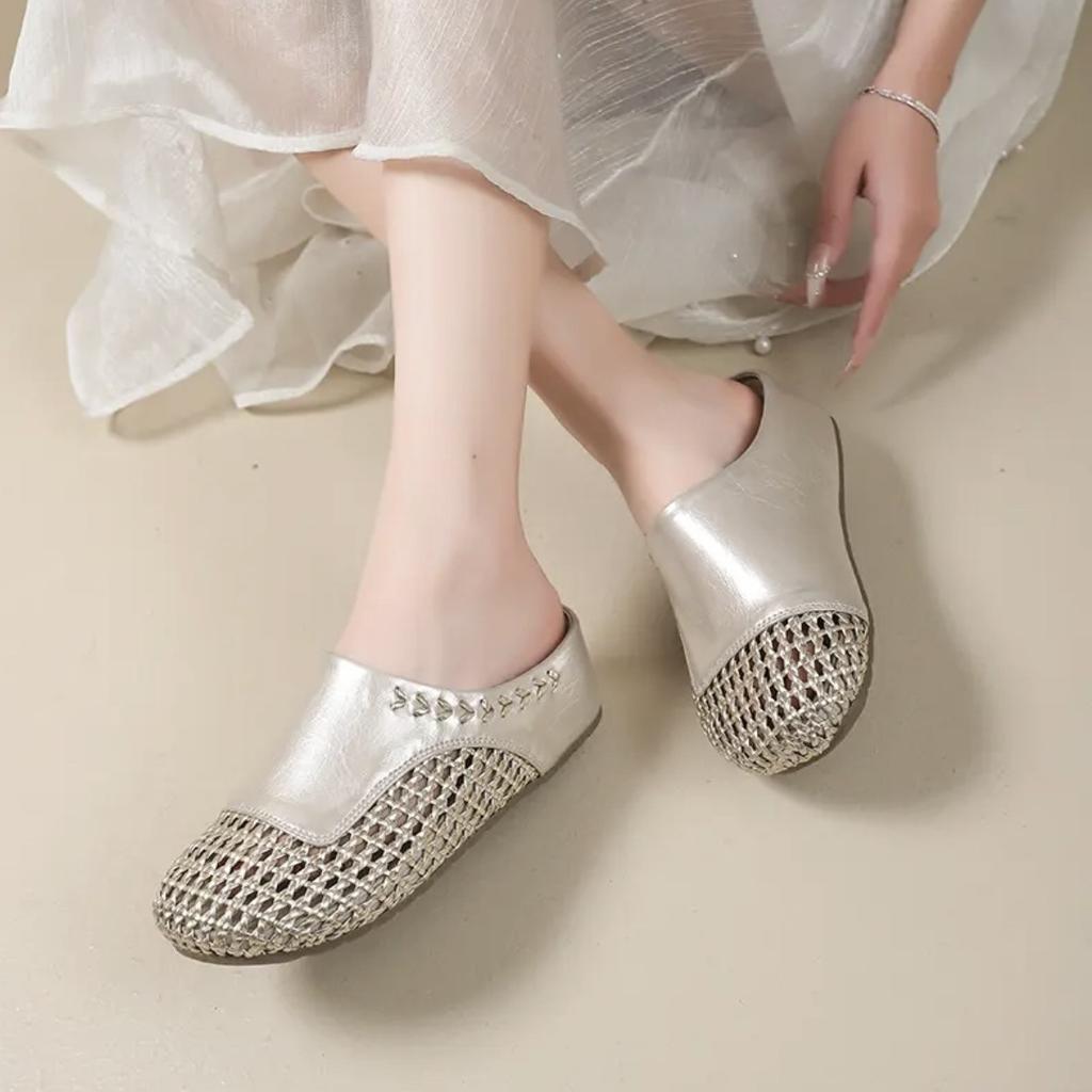 Baotou half slippers women's summer outer wear cool slippers 2025 new thick-soled inner height increase hollow woven one-pedal single shoes