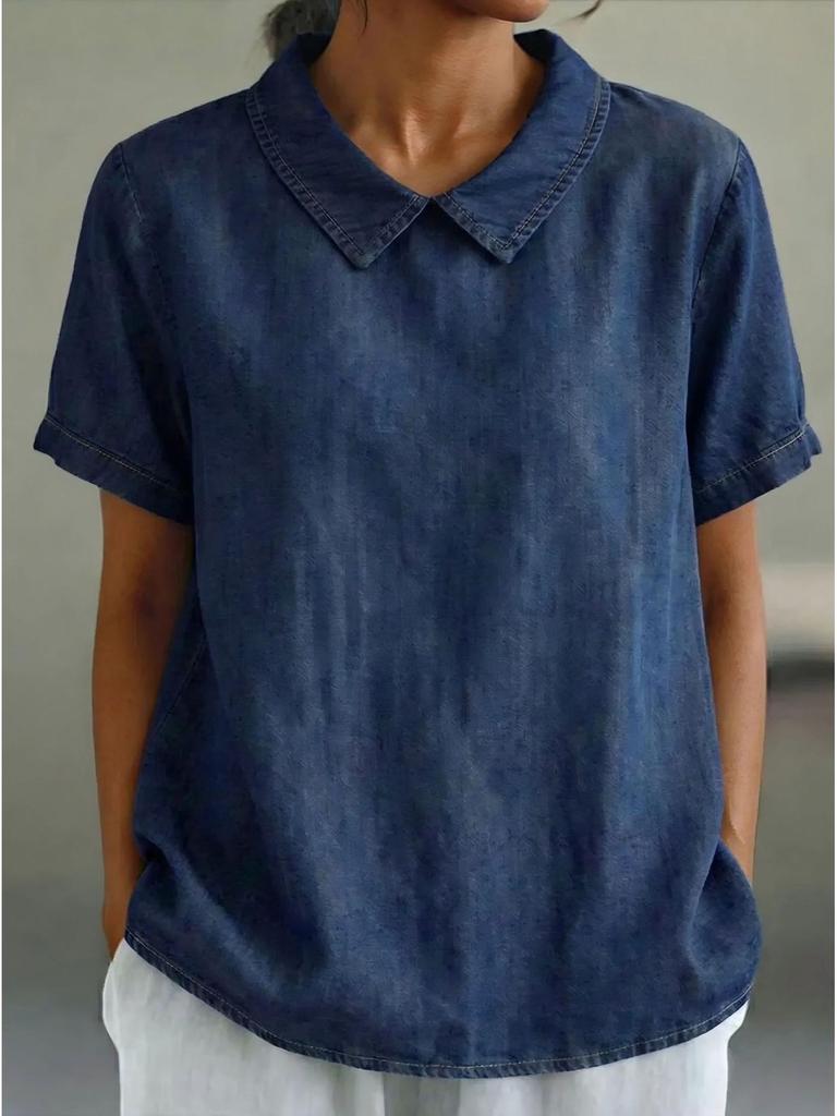 2026 European Spring/Summer Women's Casual Loose Lapel Faux Denim Short Sleeve Shirt