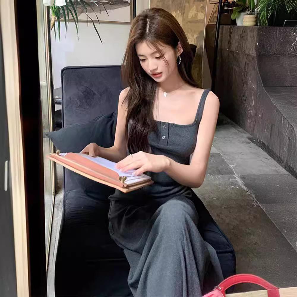 Pure Desire Sexy Suspender Vest Skirt Temperament Black Dress Women's French Design Feeling Waist and Thin Long Skirt Summer