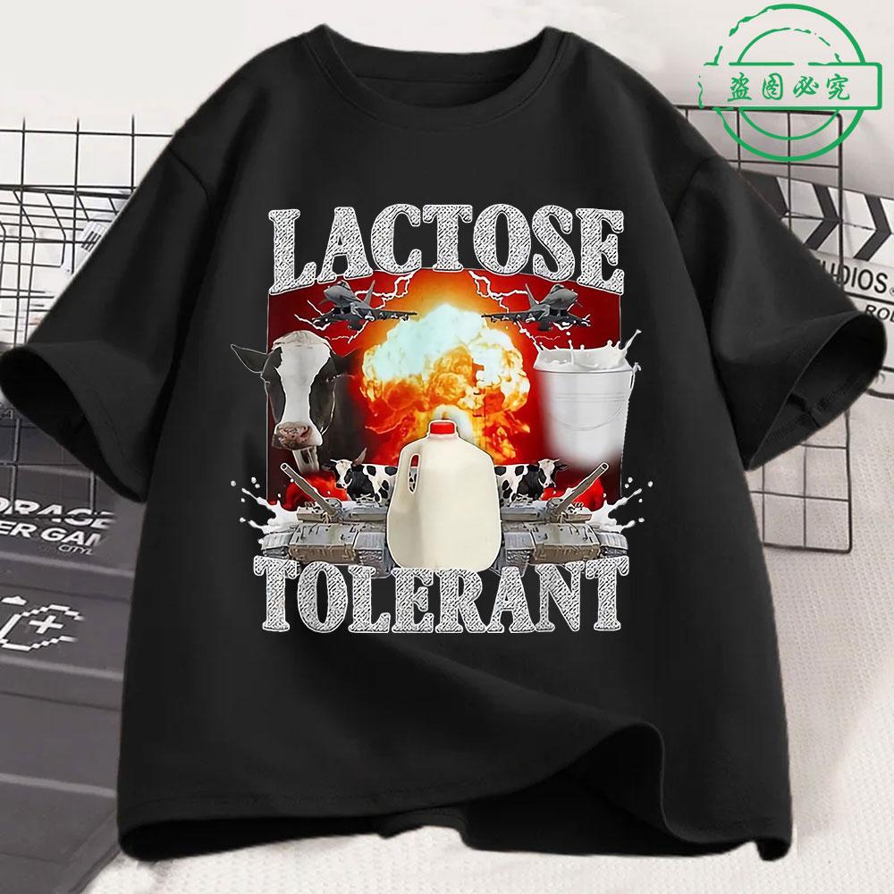 T-shirt Chat Drôle Intolérant au Lactose Unisexe Femme Mode Rétro Manches Courtes Coton Décontracté Confortable Oversize