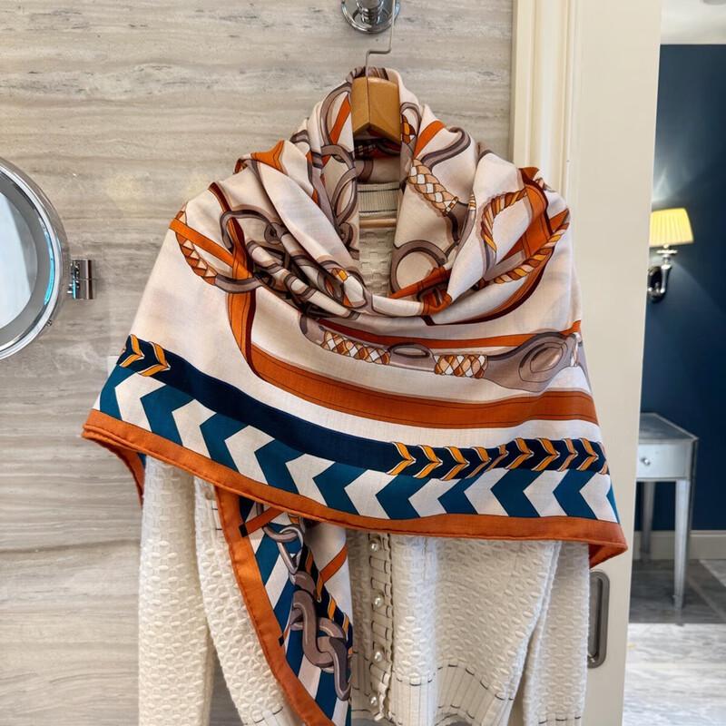 NINA SOLOR Silk Wool Large Square Scarf with Buckle